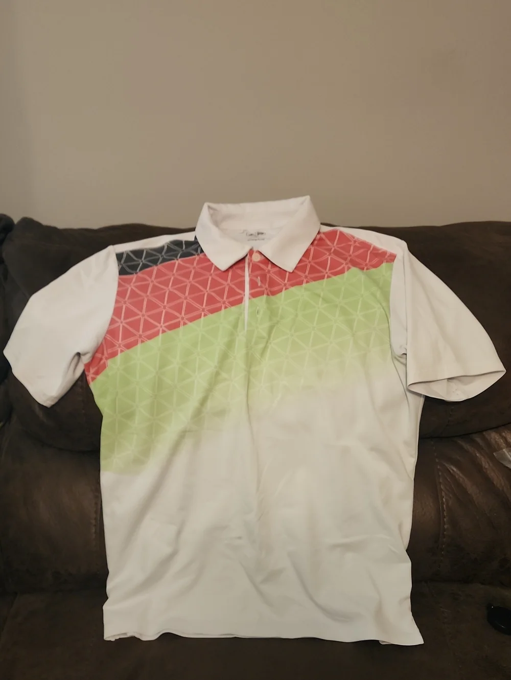 adidas White Polo with Coral, Lime and Charcoal Geo Stripes